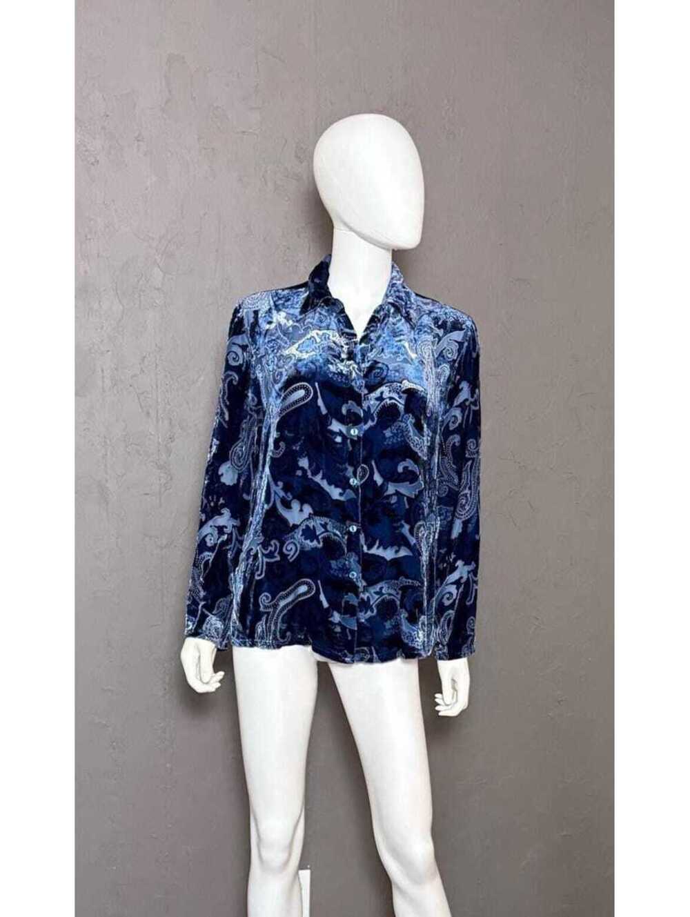 2000's Blue Silk Velvet Burnout Top Paisley Pattern Silk Blend by French Laundry